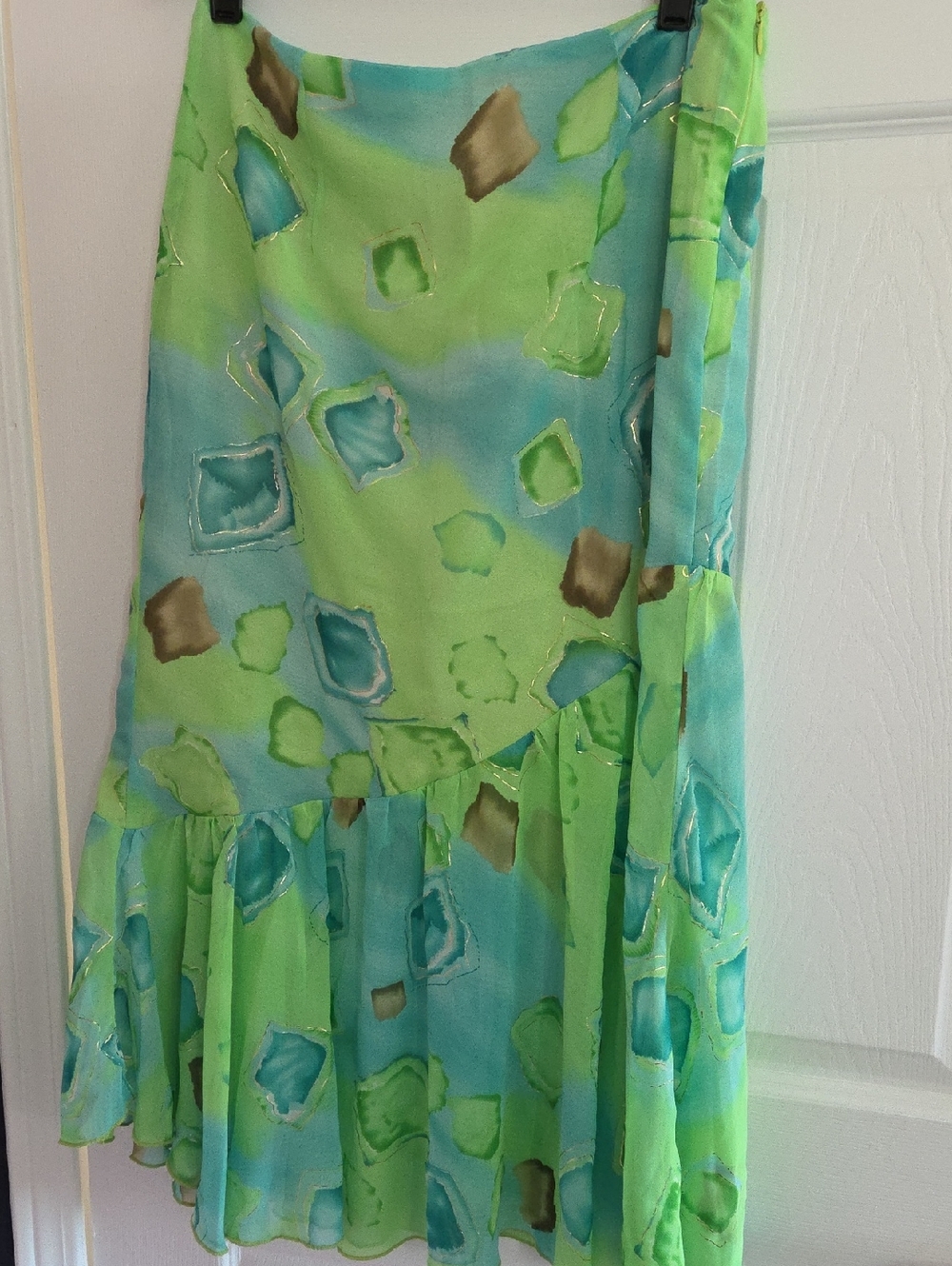 Live Sale Watercolor Print Ruffle Hem Skirt in Aqua & Lime